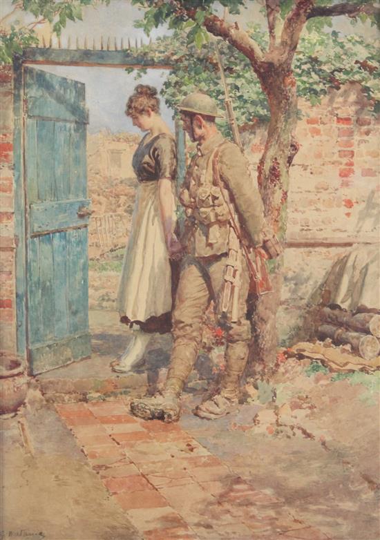 Fortunino Matania (1881-1963) British soldier and maid at a garden gate, 13.25 x 9.5in.